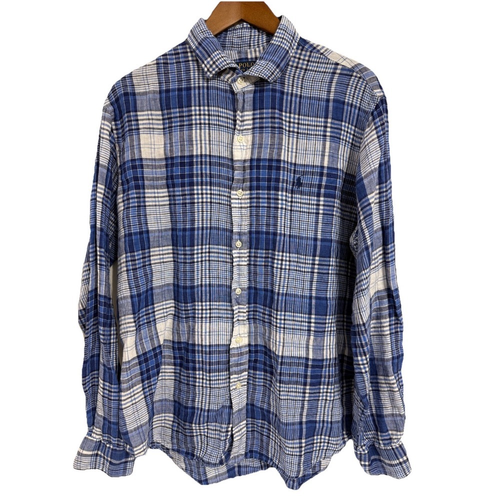 Polo Ralph Lauren Shirt Linen Button Up XL Blue Plaid Pony Long Sleeve